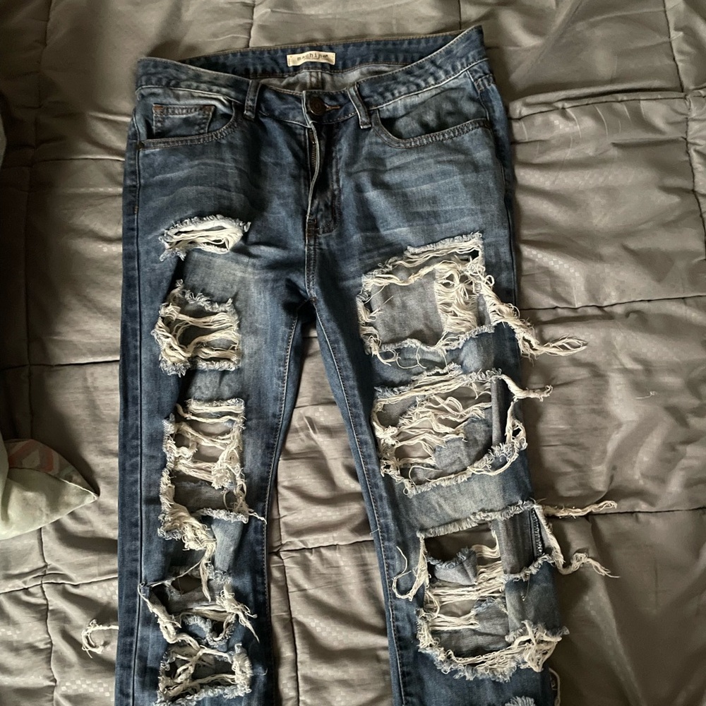 Machine Women's Distressed Straight Leg Jeans in Blue